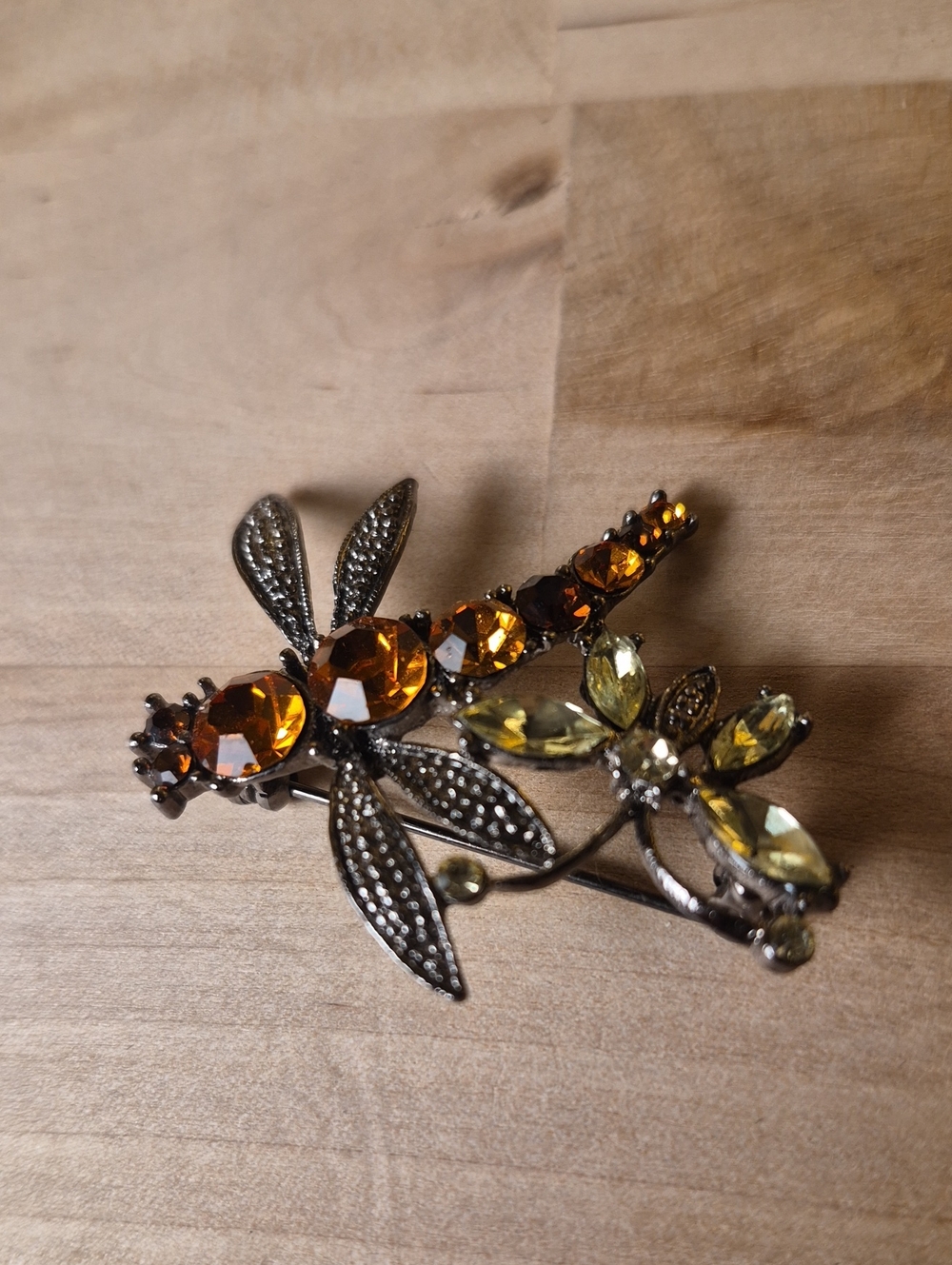 Vintage-Inspired Amber & Lemon Crystal Dragonfly Brooch